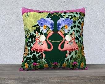 Pink Flamingos with Feathers Giraffe Print Cushion Cover, Vintage Flowers, Accent Cushion, Large Throw Pillow, 22" x 22", Couch Pillow