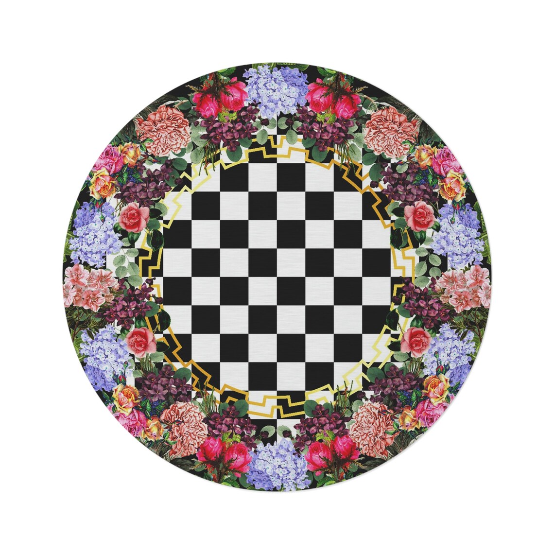 Checkerboard Floral Border Round Rug Black and White Etsy Australia