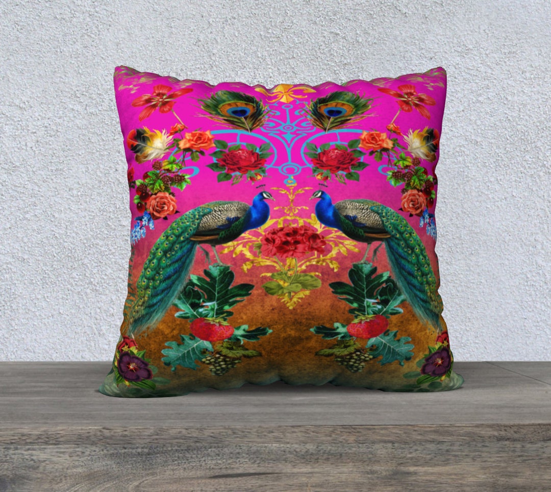 Vintage Peacock Pillow Cover, Vintage Flowers, Large Pillow, Cushion Cover, Upholstery Velveteen