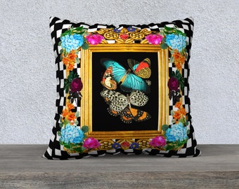 Butterflies Black and White Check Pillow Cover, Vintage Style Black and White Checkerboard, Large Cushion, Accent Decorative Throw Pillow