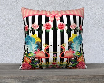 Black and White Stripe Pink Flamingos Pillow Cover Vintage Style Decor Pink Stripes Funky Pillow Cover French Country Decor Gift for Her