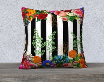 Black and White Striped Pillow Cover, French Country with Vintage Flowers Pillow Cover, Large Decorative Throw Accent Cushion Cover