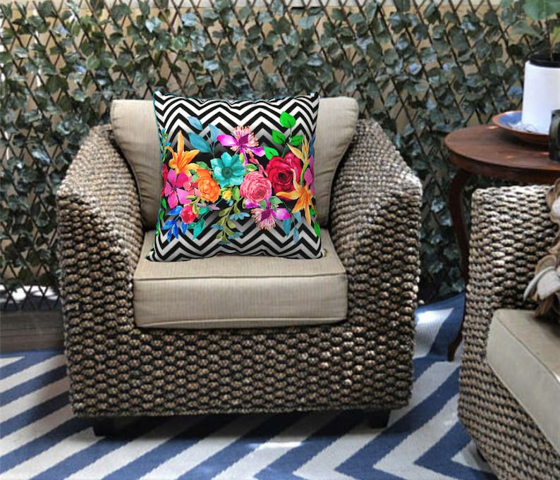 Watercolor Flowers Chevron Pillow Cover Black and White Etsy