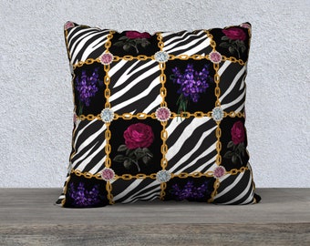 Vintage Flowers Zebra Checkered Pillow Cover Jewels and Chains Velveteen Pillow Cover