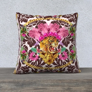Frou Frou Leopard Pillow Cover, Aubergine and Pink, Cool Art Damask Accent Throw Pillow Cover, Large Funky Art Decor Luxury Pillow Cover