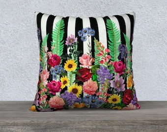 Floral Stripe Pillow Cover Maximalist Decor Blue and Black Spring Garden Decorative Throw Cushion Vintage Flowers Large Accent Pillow Cover