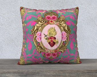 Funky Sacred Heart Gold Pink and Blue Pillow Cover Throw Pillow, Velveteen Accent Cushion Large Pillow Sofa Cushion Cover Religious Heart