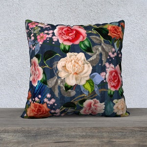 Blue Floral Pillow Cover French Country Decor Vintage Roses Designer Cushion Velvet Cushion High End Pillow French Florals Gift for Her