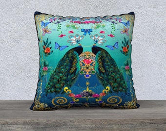 Peacock Blue Pillow Cover Maximalist Decor Throw Pillow Cushion Cover Sofa Pillow Funky Home Decor Exotic Bird Pillow High End Boho Decor