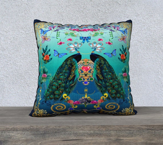 Peacock Blue Pillow Cover Maximalist Decor Throw Pillow Cushion