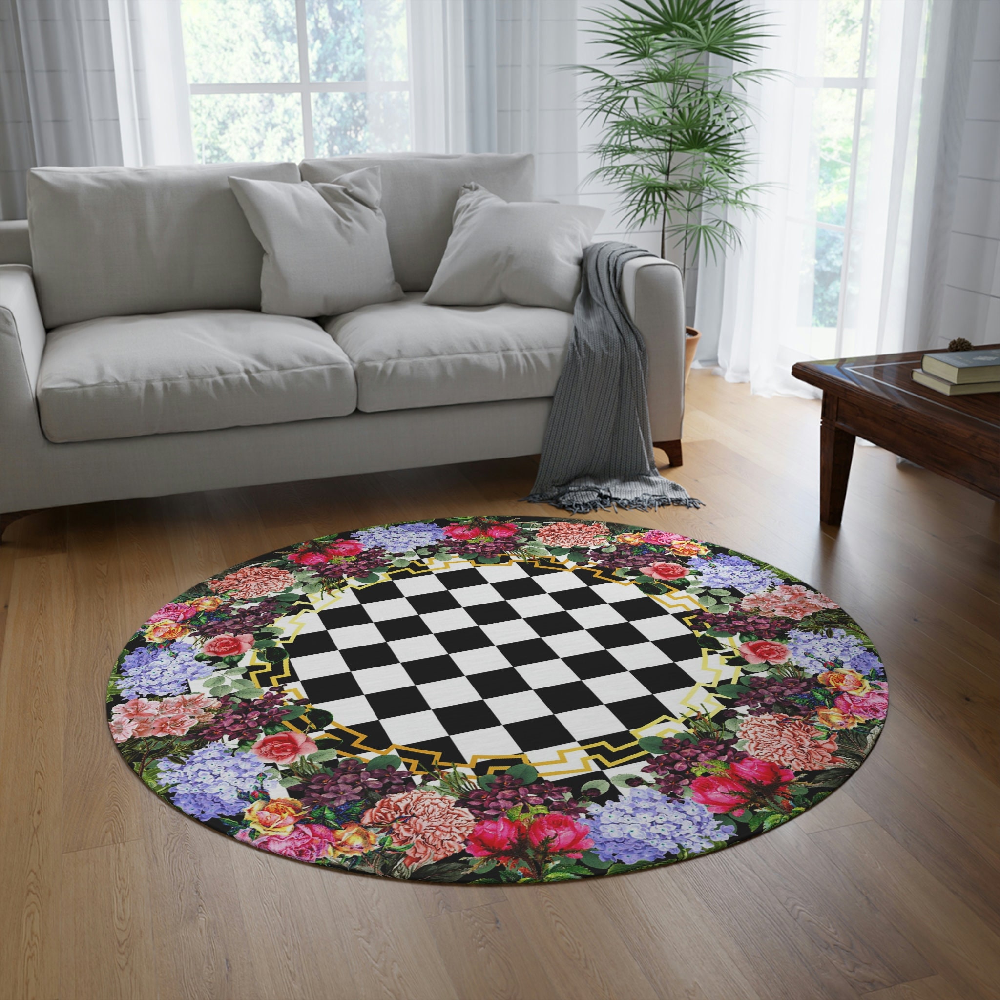 Checkerboard Floral Border Round Rug Black and White Etsy Australia