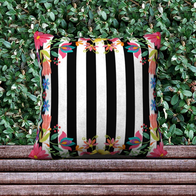 Striped Mexican Flower Border Pillow Cover Black and White Etsy Australia
