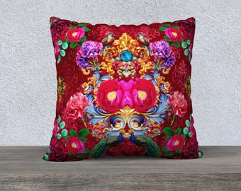 Peacock Pillow Cover Red Pillow Floral Throw Pillow Cover Sofa Pillow Vintage Style Maximalist Decor Funky Home Decor Pink and Red Floral