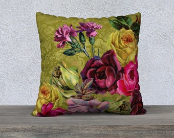 Vintage Roses, Carnations, Floral Cushion Cover, Olive Green, Damask, Velveteen, Throw Pillow, Sofa Cushion, French Country, Vintage Style