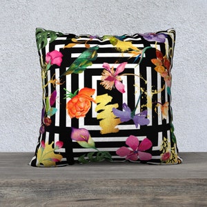 Art Deco Style, Pillow Cover, Maximalist Pillow, Watercolor Flowers, Funky Home Decor, Vibrant Flowers, Eclectic Decor, Throw Sofa Pillow