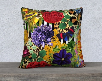 Butterfly Striped Floral Throw Pillow Cover Vintage Style Flowers Funky Home Decor Daybed Cushion Leopard Print Eclectic Decor Bedroom Decor