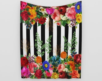 Black and White Stripes with Vintage Flowers Tablecloth, Vintage Style Party Decor Tablecloth, Celebration Tableware Table Decoration