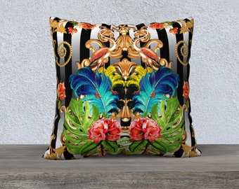 Flamingo Striped Baroque Pillow Cover Maximalist Decor Throw Pillow Funky Home Decor Vintage Style Quirky Decor Blue Feathers Sofa Pillow