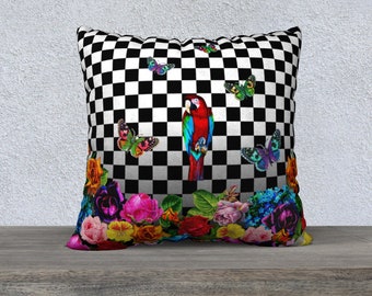 Black and White Check Parrot Pillow Cover Eclectic Decor Daybed Cushion Funky Pillow Throw Pillow Cover Botanical Print Checkered Pillow