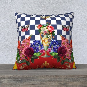 Flowers Blue and White Check Pillow Cover Farmhouse Decor French Country Decor French Florals Daybed Cushion Gift for Her Vintage Flowers