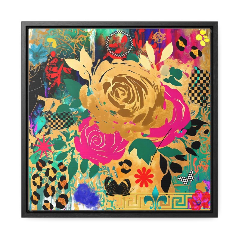 Floral Collage Canvas, Square Frame Wall Art Print Gallery Wrap, Home