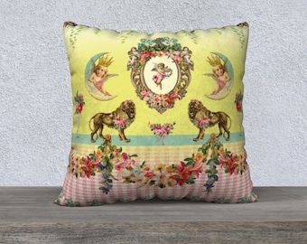 Funky Lions Yellow and Pink Pillow Cover Funky Home Decor Pink Gingham Vintage Flowers Eclectic Decor Daybed Cushion Vintage Style