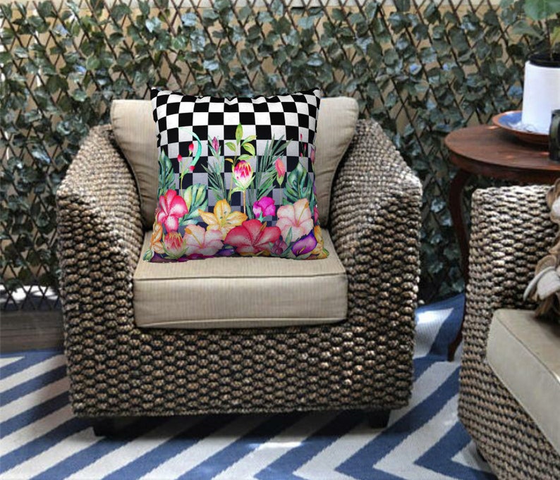 Stunning Water Color Garden Cushion Cover Checkerboard Throw Etsy