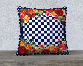 Blue and White Checkerboard Pillow Cover Vintage Floral Maximalist Decor Throw Pillow Designer Pillow Cover Large Decorative Accent Cushion