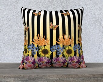 Striped Butterfly Pillow Cover Floral Print Gift for Her Velvet Pillow Designer Pillow Vintage Style Throw Pillow Cover High End Room Decor