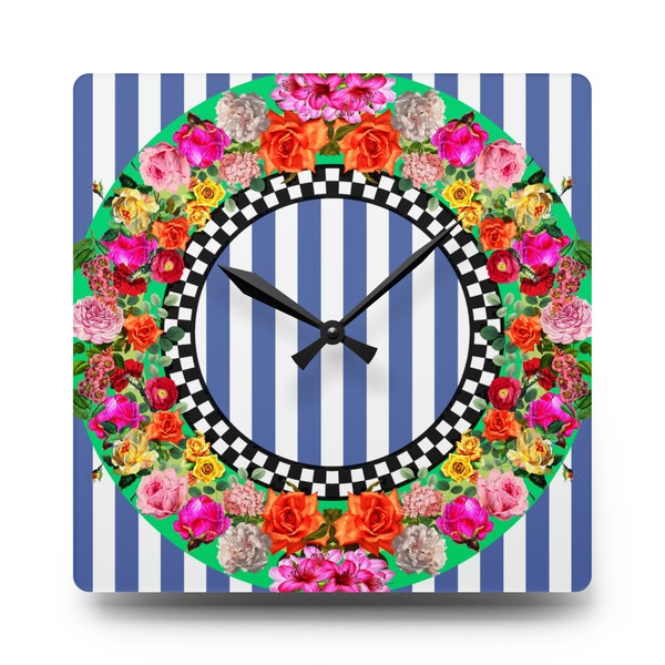 Blue and White Striped Floral Acrylic Wall Clock Wall Decor Unique Gift Kitchen Decor Funky Home Decor French Country Decor Farmhouse Clock