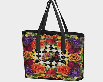 Black and White Harlequin Diamond and Flowers Vegan Leather Tote Bag