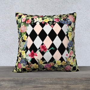 Pink, Blue and Black Harlequin Pillow Cover, Checkerboard, Upholstery Velveteen, Throw Pillow, Cushion, Sofa Cushion, French Country Style