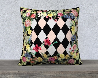 Pink, Blue and Black Harlequin Pillow Cover, Checkerboard, Upholstery Velveteen, Throw Pillow, Cushion, Sofa Cushion, French Country Style