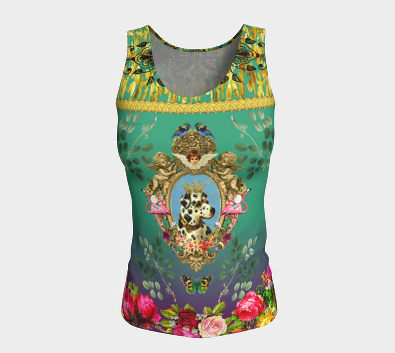 Festival Wear Funky Dalmatian with Flamingos Tank Top Long Fitted Active Wear Cute Dog Top Fitness Top Yoga Top Vintage Flowers