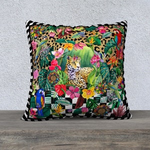 Funky Leopard with Flower Crown Pillow Cover, Velveteen, Jungle Print, Monstera Leaf, Cushion, Throw Pillow, Sofa Cushion, Tropical Style
