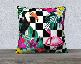 Checkerboard Toucan Pillow Cover Black and White Tropical Print Accent Throw Colorful Print Sofa Cushion Botanical Print Pillow Cover
