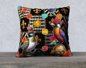 Funky Birds with Crowns Jewels Pillow Cover Daybed Cushion Funky Home Decor Bird Pillow Gift for Her Unique Gift Vibrant Jewels