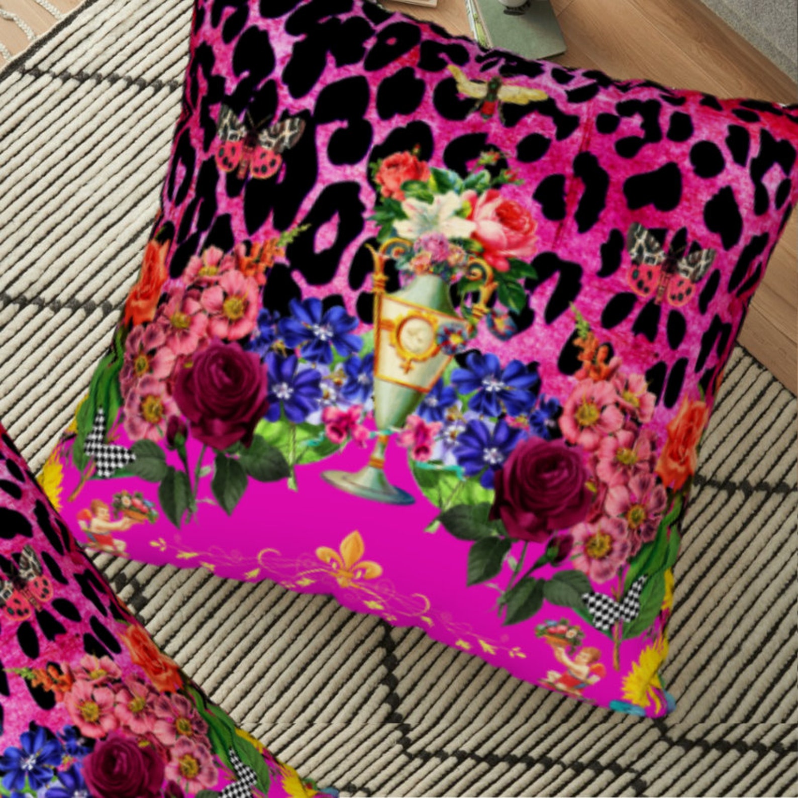 Vintage Flowers Pink Leopard Print Pillow Cover Pink Pillow Etsy