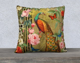 Vintage Peacock Floral Pillow Cover Vintage Flowers Funky Home Decor Floral Pillow Cover Gold Pillow Chinoiserie Pillow Pink Flamingo
