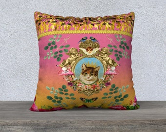 Cute Kitten Crown Throw Pillow Cover Maximalist Decor Vintage Style Quirky Decor Dorm Decor Cherub Cushion Sofa Pillow Funky Home Decor