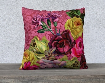 Vintage Roses and Carnations Floral Pillow Cover, Dark Pink Damask Velveteen Throw Pillow, French Country Style Cushion Cover, Sofa Cushion