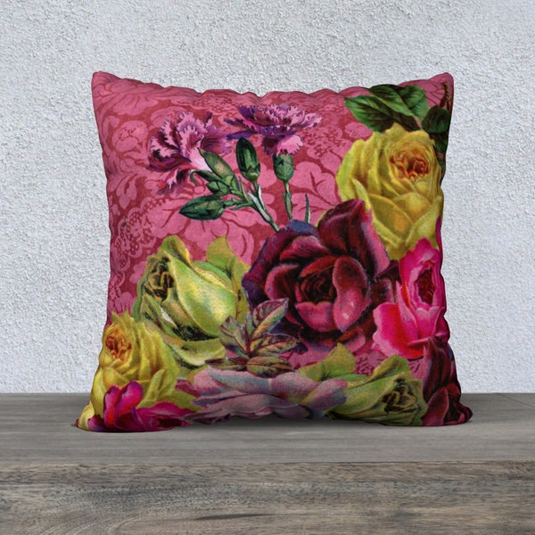 Vintage Roses and Carnations Floral Pillow Cover, Dark Pink Damask Velveteen Throw Pillow, French Country Style Cushion Cover, Sofa Cushion