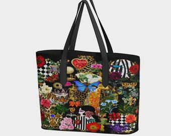 Funky Art Collage Vegan Leather Tote Bag Fashionable Tote Handbag Art Lovers Gift Students Tote Vegan Pebble Leather Fabric Butterflies
