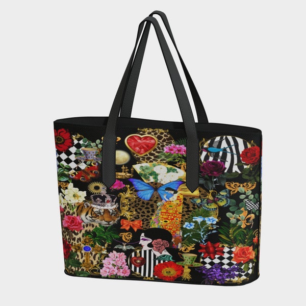 Funky Art Collage Vegan Leather Tote Bag Fashionable Tote Handbag Art Lovers Gift Students Tote Vegan Pebble Leather Fabric Butterflies