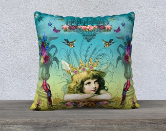 Enchanted Fairy Princess Pillow Cover | Vintage Victorian Fairy Cushion Cover | Whimsical Cottagecore Home Decor | Fantasy Gift | Cherub
