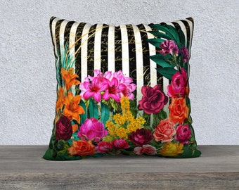 Orange and Pink Stripe Pillow Cover Maximalist Decor Funky Home Decor French Country Vintage Style Sofa Cushion French Floral Flower Garden