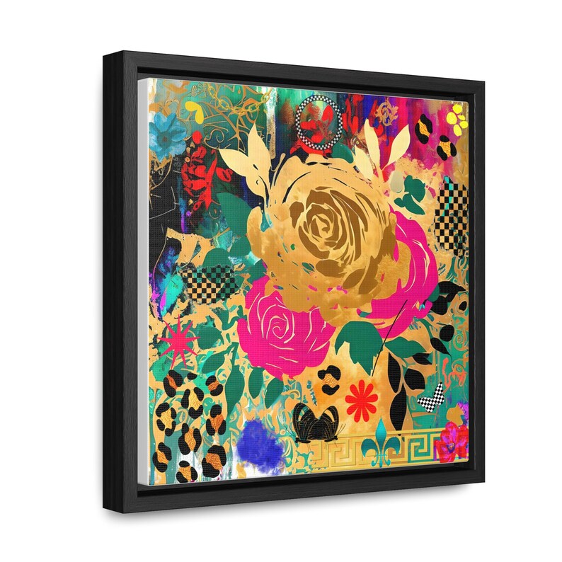 Floral Collage Canvas, Square Frame Wall Art Print Gallery Wrap, Home
