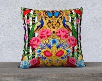 Peacock Baroque Butterfly Striped Pillow Cover Funky Home Decor Sofa Pillow Quirky Cushion Vintage Style Floral Velveteen Throw Pillow
