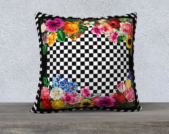 Black and White Checkerboard with Flowers and Stripes Pillow Cover, Vintage French Country Cushion Cover, Large Accent Decorative Pillow