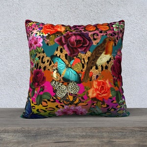 Butterflies and Bird Leopard Throw Pillow Cover Funky Home Decor Sofa Pillow Quirky Cushion Vintage Style Floral Velveteen Home Decor Leaves